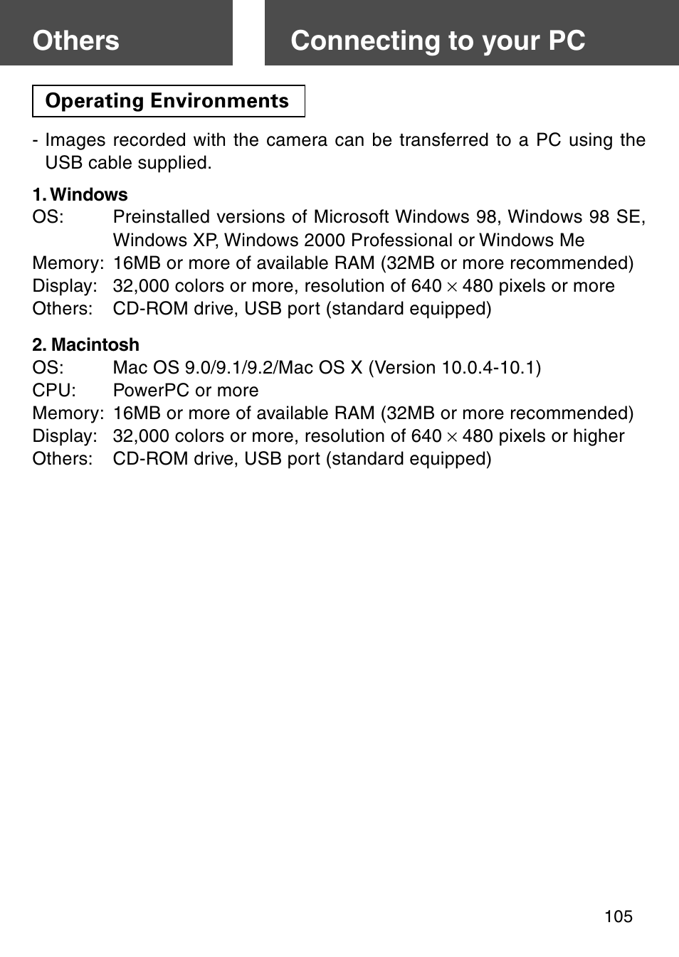 Others, Connecting to your pc, Operating environments | Others connecting to your pc | Konica Minolta REVIO KD-410Z User Manual | Page 105 / 125