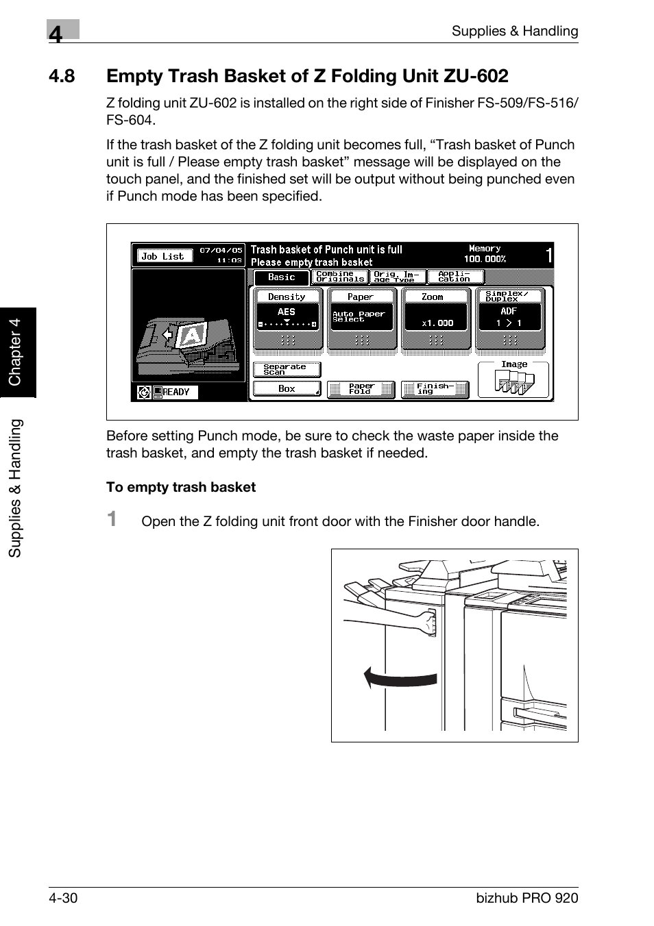 8 empty trash basket of z folding unit zu-602, Empty trash basket of z folding unit zu-602 -30, To empty trash basket -30 | Konica Minolta BIZHUB PRO bizhubPRO920 User Manual | Page 108 / 410