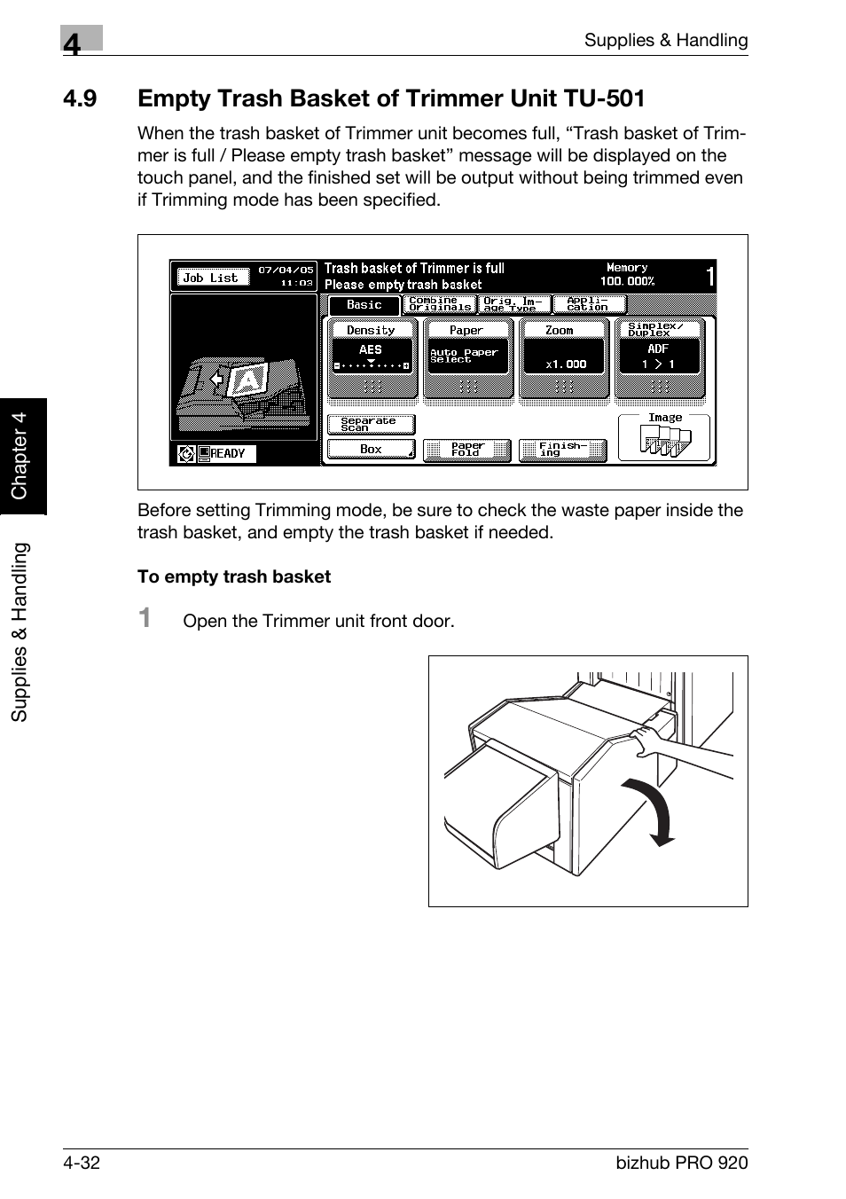 9 empty trash basket of trimmer unit tu-501, Empty trash basket of trimmer unit tu-501 -32, To empty trash basket -32 | Konica Minolta BIZHUB PRO bizhubPRO920 User Manual | Page 110 / 410