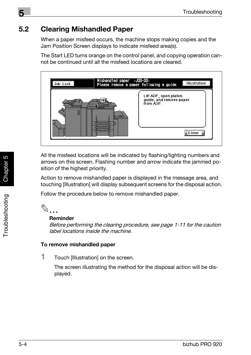 2 clearing mishandled paper, Clearing mishandled paper -4, To remove mishandled paper -4 | Konica Minolta BIZHUB PRO bizhubPRO920 User Manual | Page 116 / 410