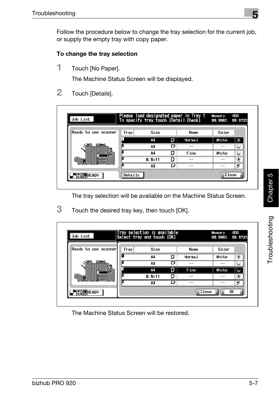 To change the tray selection -7 | Konica Minolta BIZHUB PRO bizhubPRO920 User Manual | Page 119 / 410