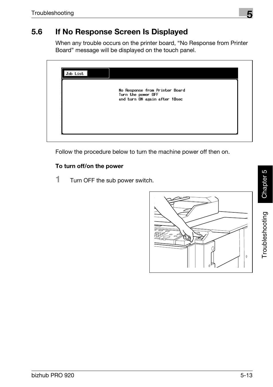 6 if no response screen is displayed, If no response screen is displayed -13, To turn off/on the power -13 | Konica Minolta BIZHUB PRO bizhubPRO920 User Manual | Page 125 / 410