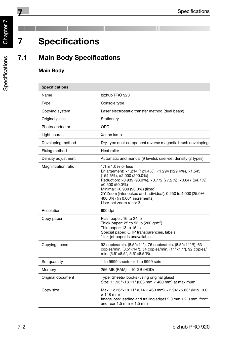 7 specifications, 1 main body specifications, Specifications | Main body specifications -2, Main body -2, 7specifications, Specifi c ations chap te r 7 | Konica Minolta BIZHUB PRO bizhubPRO920 User Manual | Page 138 / 410