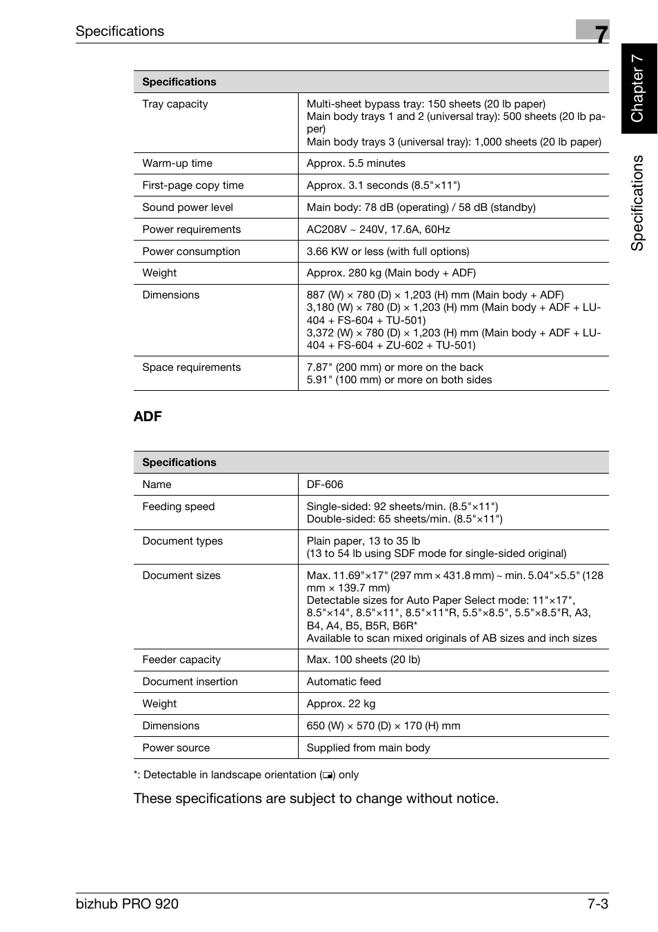 Adf -3, Specifi c ations chap te r 7 | Konica Minolta BIZHUB PRO bizhubPRO920 User Manual | Page 139 / 410