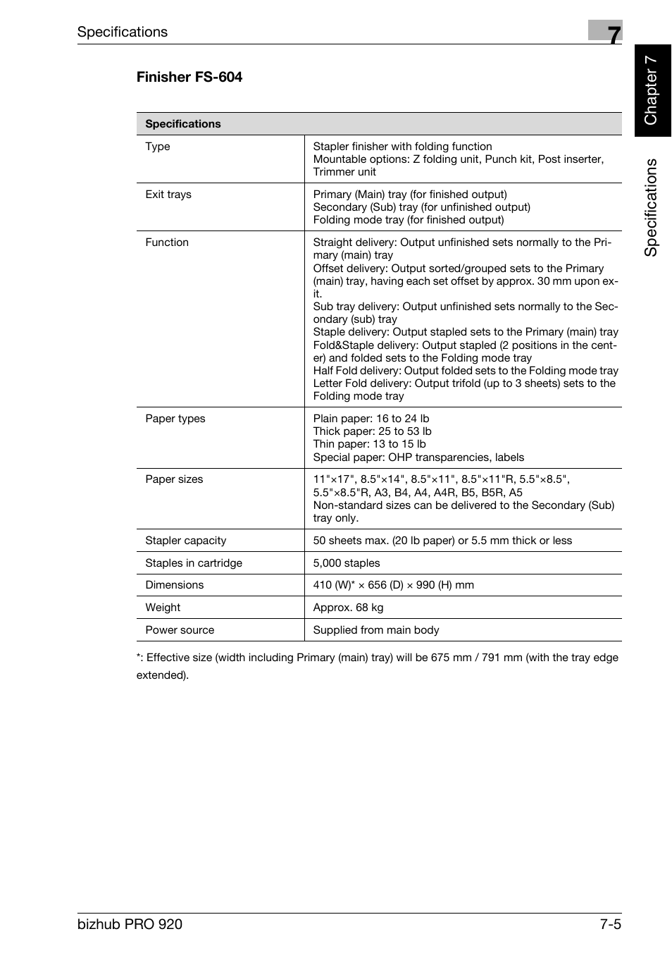 Finisher fs-604 -5, Specifi c ations chap te r 7 | Konica Minolta BIZHUB PRO bizhubPRO920 User Manual | Page 141 / 410