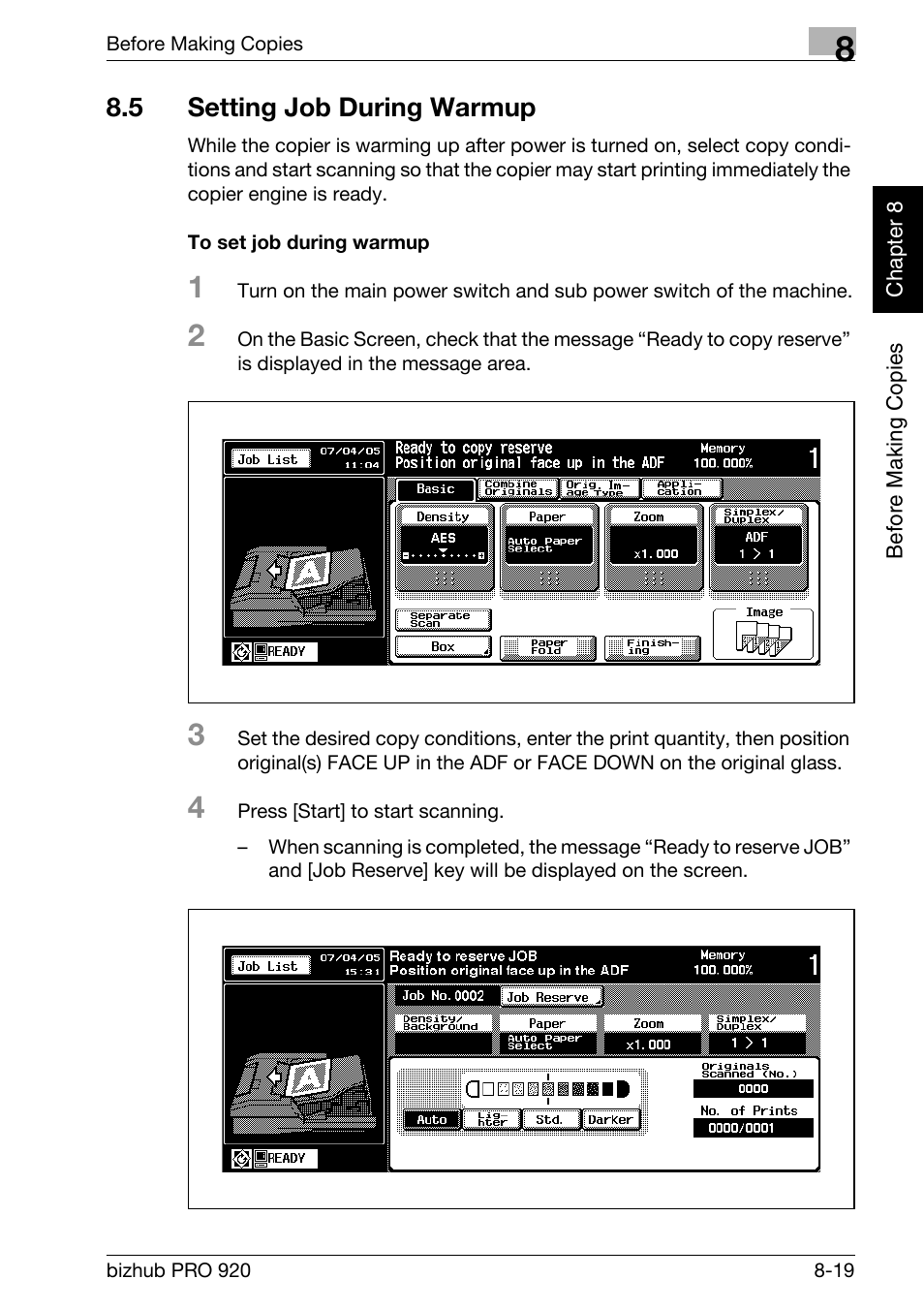 5 setting job during warmup, Setting job during warmup -19, To set job during warmup -19 | Konica Minolta BIZHUB PRO bizhubPRO920 User Manual | Page 165 / 410