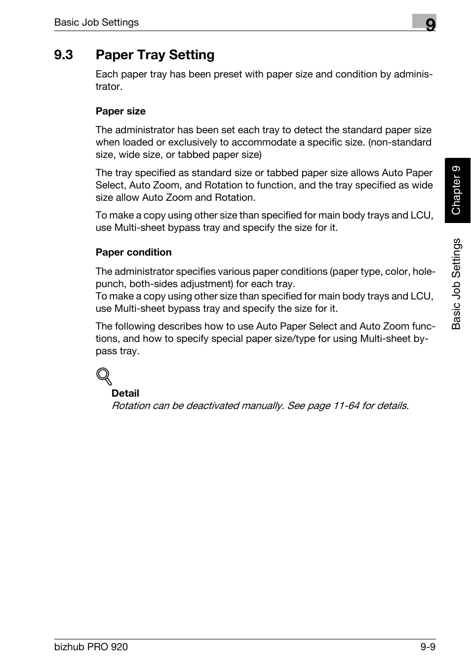 3 paper tray setting, Paper tray setting -9, Paper size -9 paper condition -9 | Konica Minolta BIZHUB PRO bizhubPRO920 User Manual | Page 177 / 410