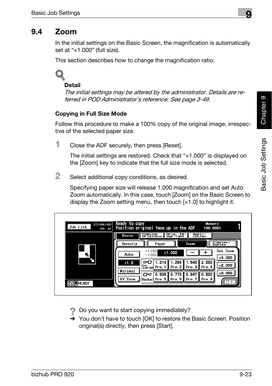 4 zoom, Zoom -23, Copying in full size mode -23 | Konica Minolta BIZHUB PRO bizhubPRO920 User Manual | Page 191 / 410