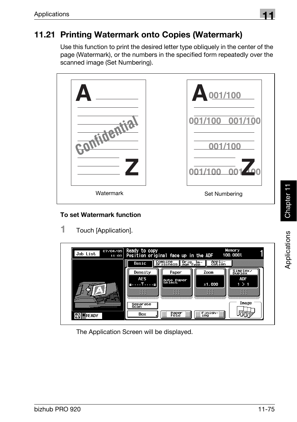 21 printing watermark onto copies (watermark), 21 printing watermark onto copies (watermark) -75, To set watermark function -75 | Konica Minolta BIZHUB PRO bizhubPRO920 User Manual | Page 309 / 410
