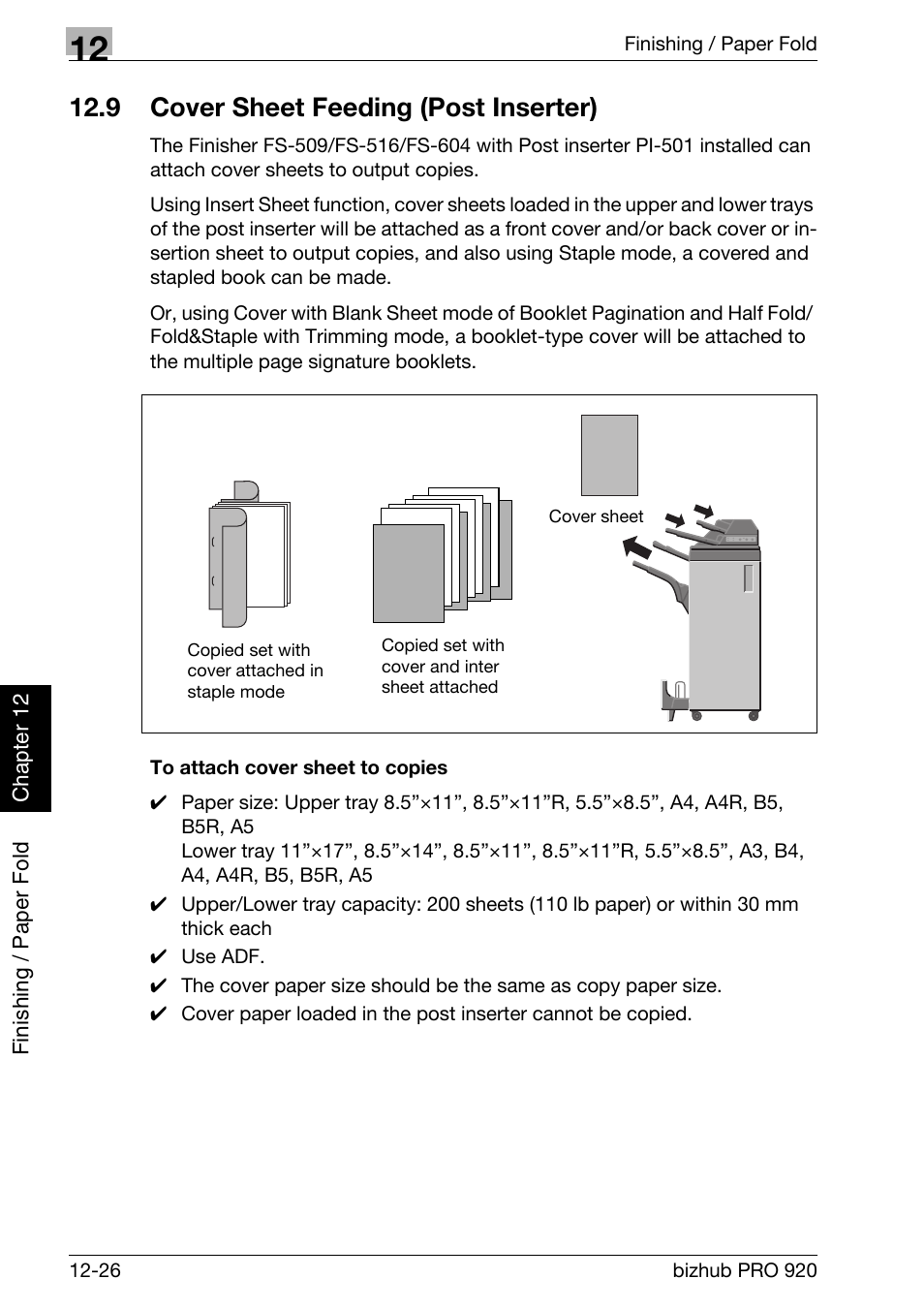9 cover sheet feeding (post inserter), Cover sheet feeding (post inserter) -26, To attach cover sheet to copies -26 | Konica Minolta BIZHUB PRO bizhubPRO920 User Manual | Page 352 / 410