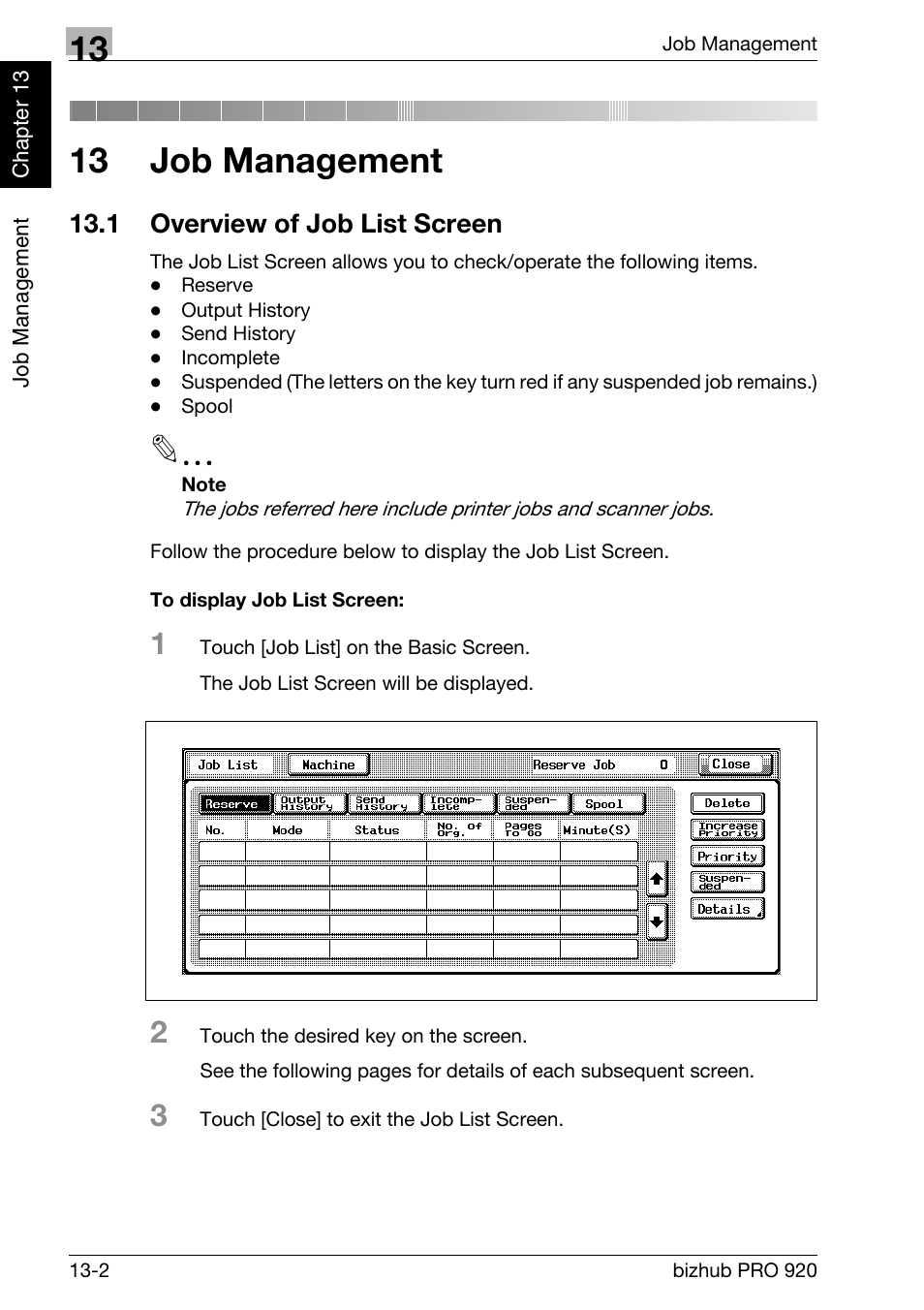 13 job management, 1 overview of job list screen, Overview of job list screen -2 | To display job list screen: -2 | Konica Minolta BIZHUB PRO bizhubPRO920 User Manual | Page 368 / 410