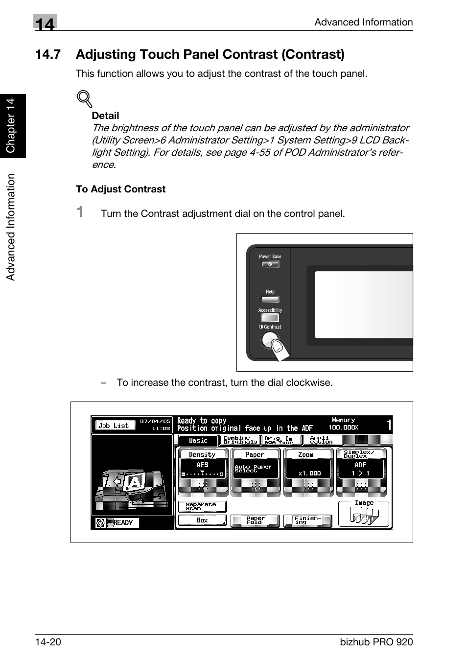 7 adjusting touch panel contrast (contrast), Adjusting touch panel contrast (contrast) -20, To adjust contrast -20 | Konica Minolta BIZHUB PRO bizhubPRO920 User Manual | Page 396 / 410