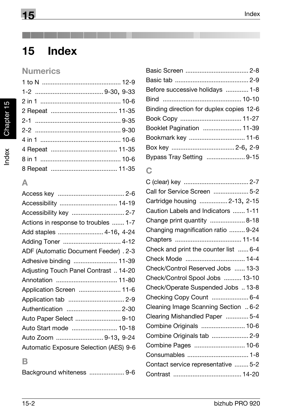 15 index, Numerics | Konica Minolta BIZHUB PRO bizhubPRO920 User Manual | Page 402 / 410