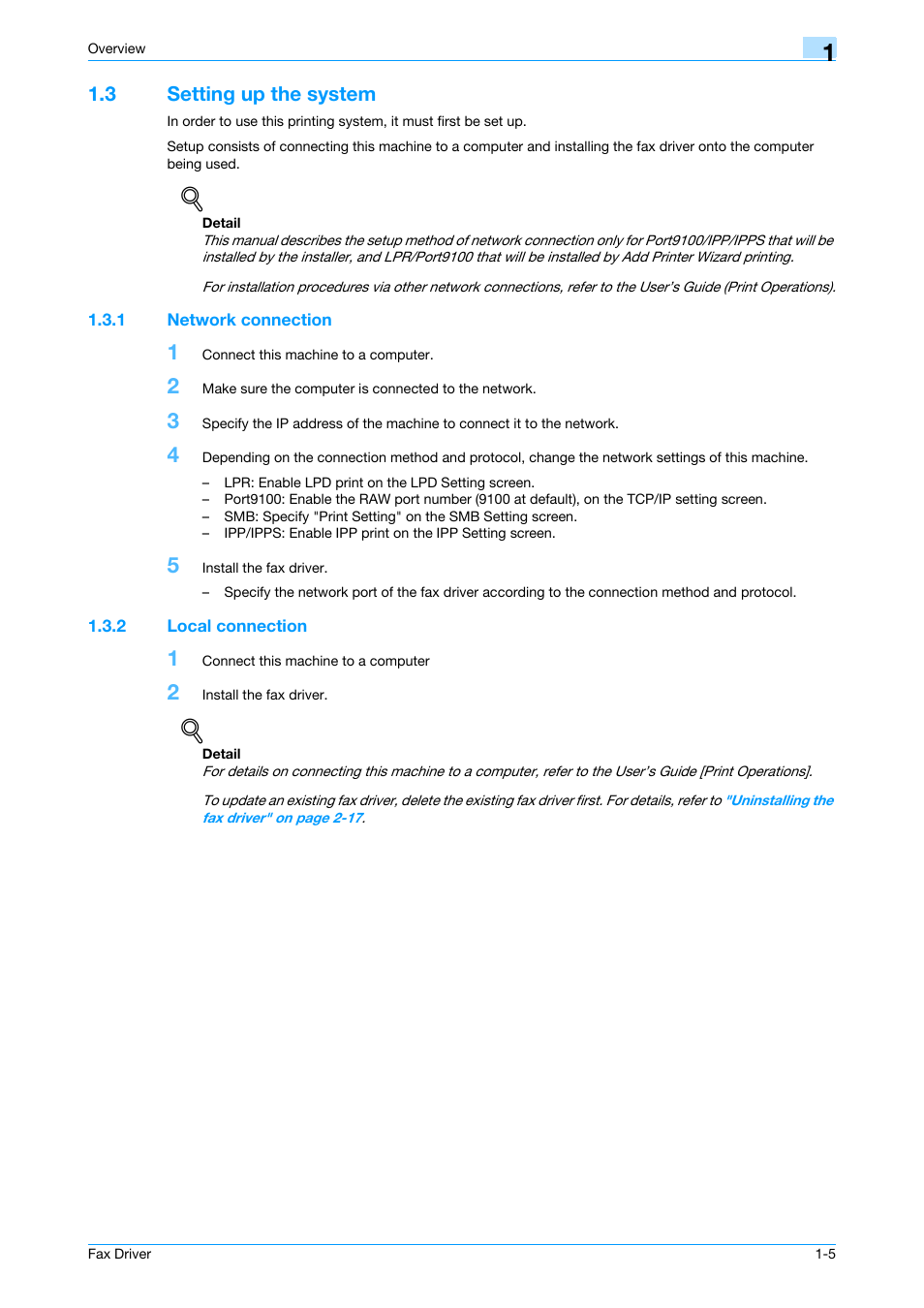 3 setting up the system, 1 network connection, 2 local connection | Setting up the system -5, Network connection -5, Local connection -5 | Konica Minolta BIZHUB C253 User Manual | Page 11 / 66