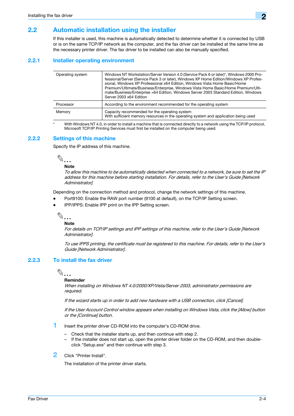 2 automatic installation using the installer, 1 installer operating environment, 2 settings of this machine | 3 to install the fax driver, Automatic installation using the installer -4, Installer operating environment -4, Settings of this machine -4, To install the fax driver -4 | Konica Minolta BIZHUB C253 User Manual | Page 15 / 66