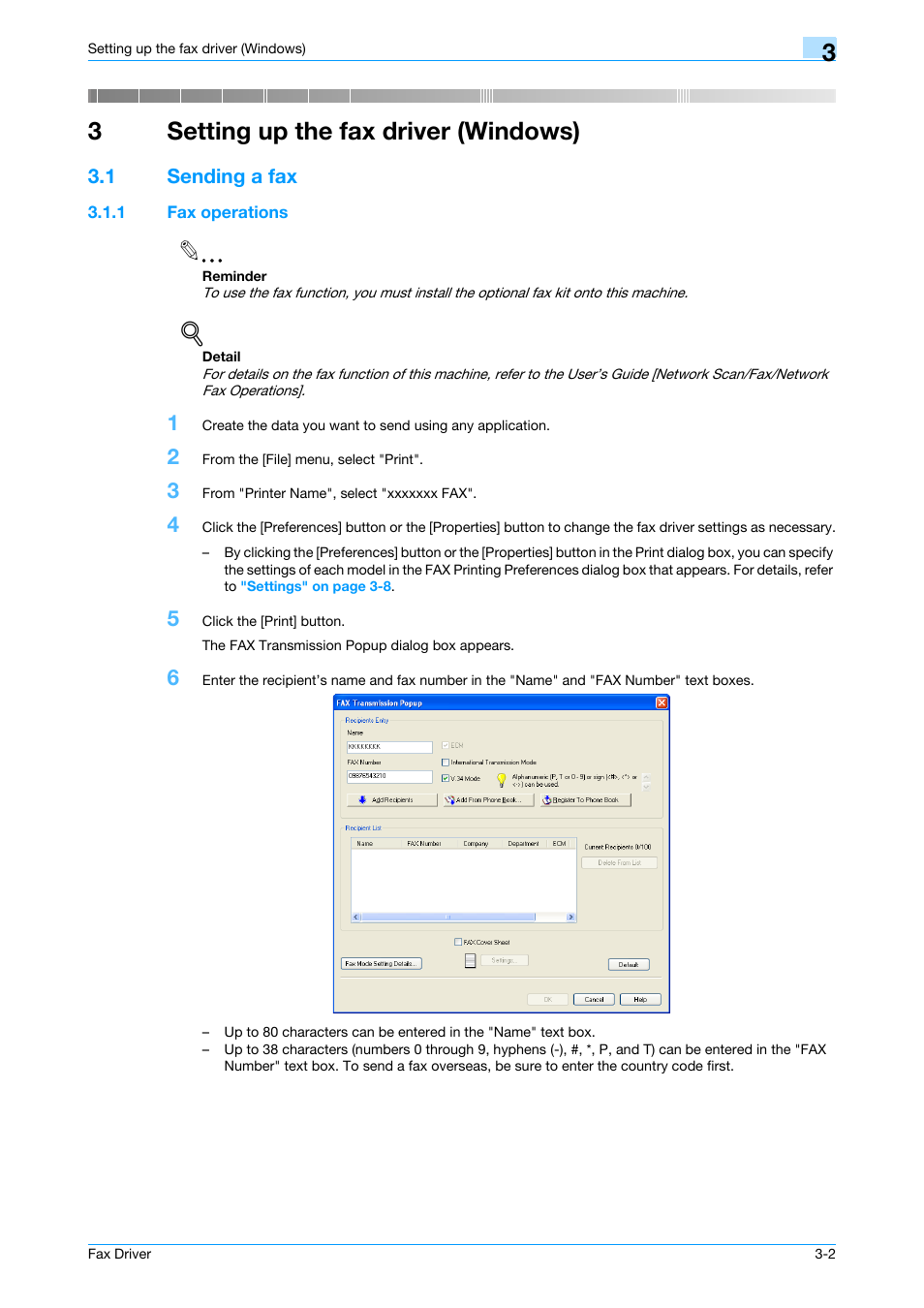 3 setting up the fax driver (windows), 1 sending a fax, 1 fax operations | Setting up the fax driver (windows), Sending a fax -2, Fax operations -2, 3setting up the fax driver (windows) | Konica Minolta BIZHUB C253 User Manual | Page 31 / 66