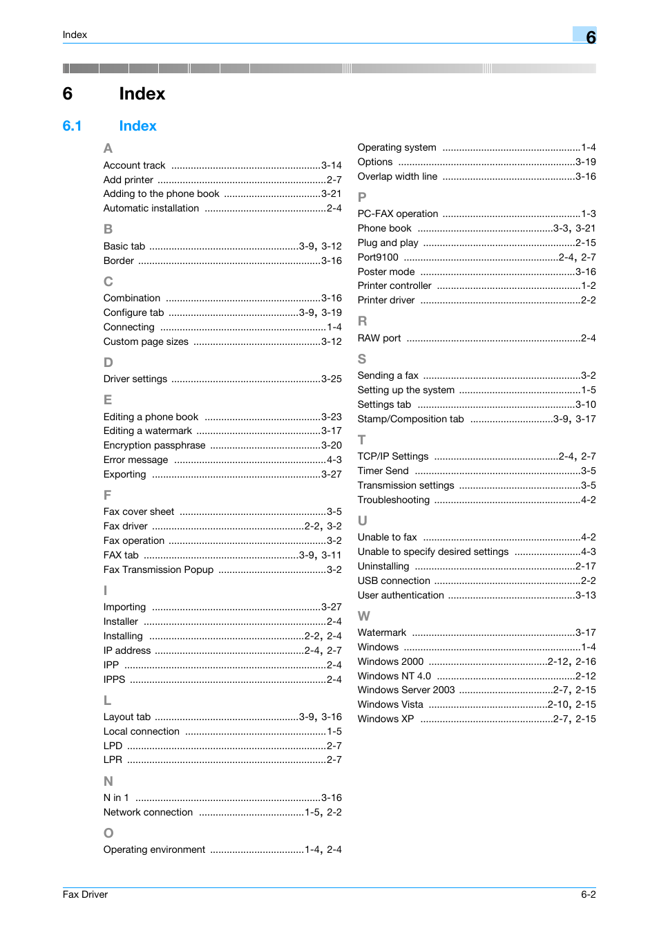6 index, 1 index, A to w | Index, Index -2, 6index | Konica Minolta BIZHUB C253 User Manual | Page 65 / 66