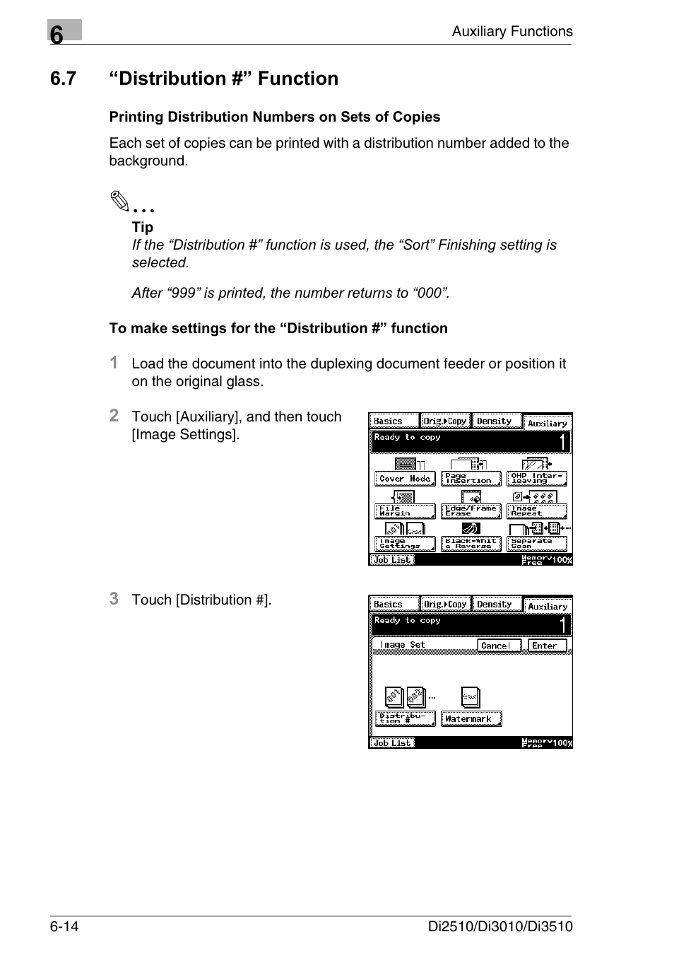 7 “distribution #” function, Printing distribution numbers on sets of copies, To make settings for the “distribution #” function | Distribution #” function -14 | Konica Minolta DI3510 User Manual | Page 110 / 334