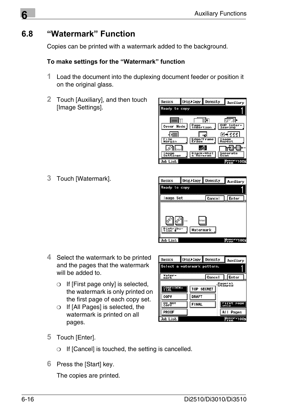 8 “watermark” function, To make settings for the “watermark” function, Watermark” function -16 | To make settings for the “watermark” function -16 | Konica Minolta DI3510 User Manual | Page 112 / 334