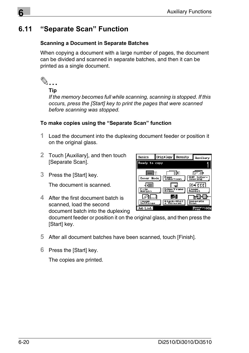 11 “separate scan” function, Scanning a document in separate batches, To make copies using the “separate scan” function | Separate scan” function -20 | Konica Minolta DI3510 User Manual | Page 116 / 334