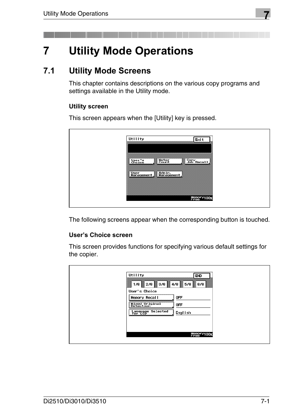 7 utility mode operations, 1 utility mode screens, Utility screen | User’s choice screen, Utility mode operations, Utility mode screens -1, Utility screen -1 user’s choice screen -1, 7utility mode operations | Konica Minolta DI3510 User Manual | Page 117 / 334