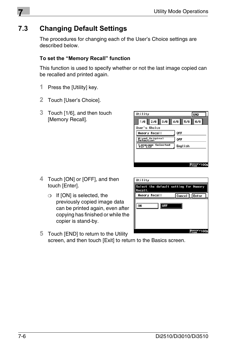 3 changing default settings, To set the “memory recall” function, Changing default settings -6 | To set the “memory recall” function -6 | Konica Minolta DI3510 User Manual | Page 122 / 334