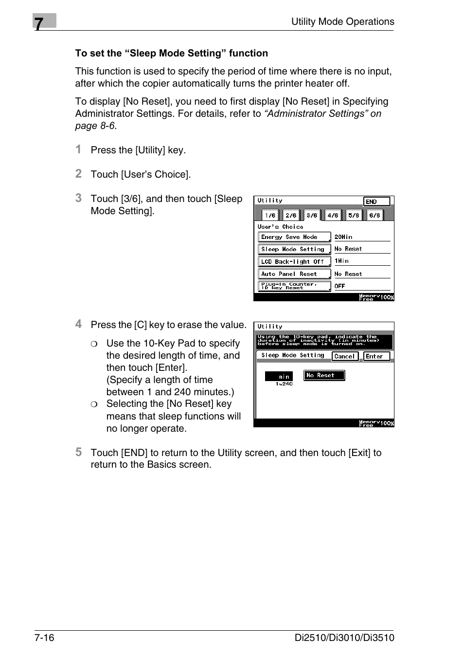 To set the “sleep mode setting” function, To set the “sleep mode setting” function -16 | Konica Minolta DI3510 User Manual | Page 132 / 334
