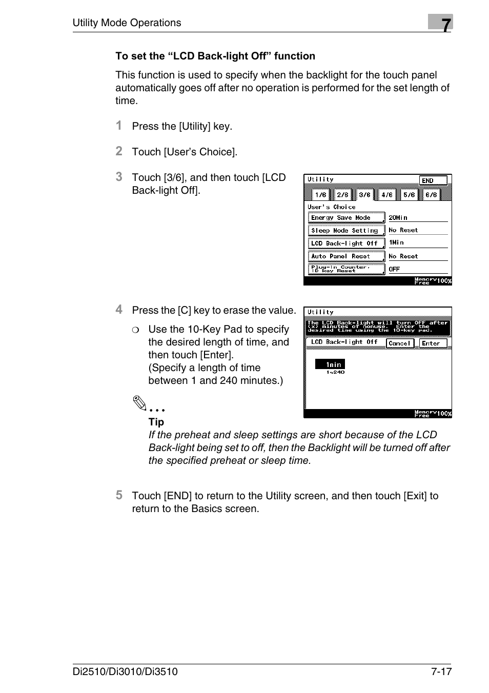 To set the “lcd back-light off” function, To set the “lcd back-light off” function -17 | Konica Minolta DI3510 User Manual | Page 133 / 334