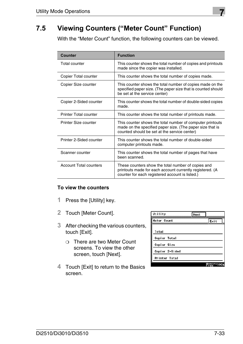 5 viewing counters (“meter count” function), To view the counters, Viewing counters (“meter count” function) -33 | To view the counters -33 | Konica Minolta DI3510 User Manual | Page 149 / 334