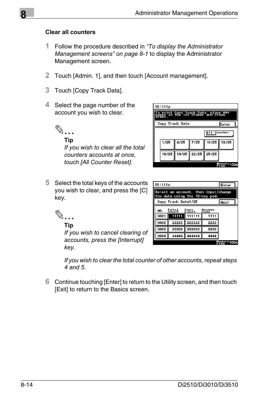 Clear all counters, Clear all counters -14 | Konica Minolta DI3510 User Manual | Page 170 / 334