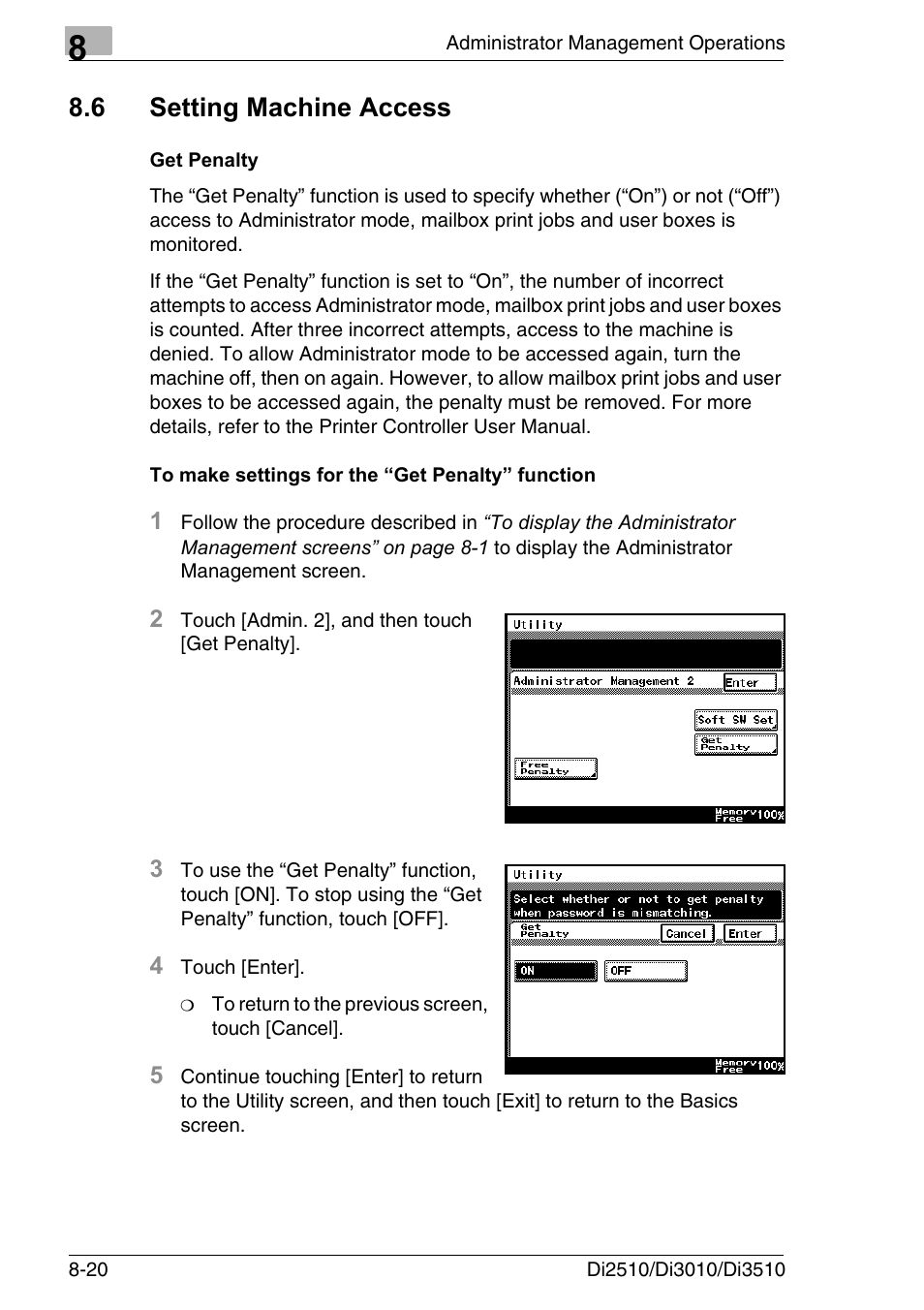 6 setting machine access, Get penalty, To make settings for the “get penalty” function | Setting machine access -20 | Konica Minolta DI3510 User Manual | Page 176 / 334