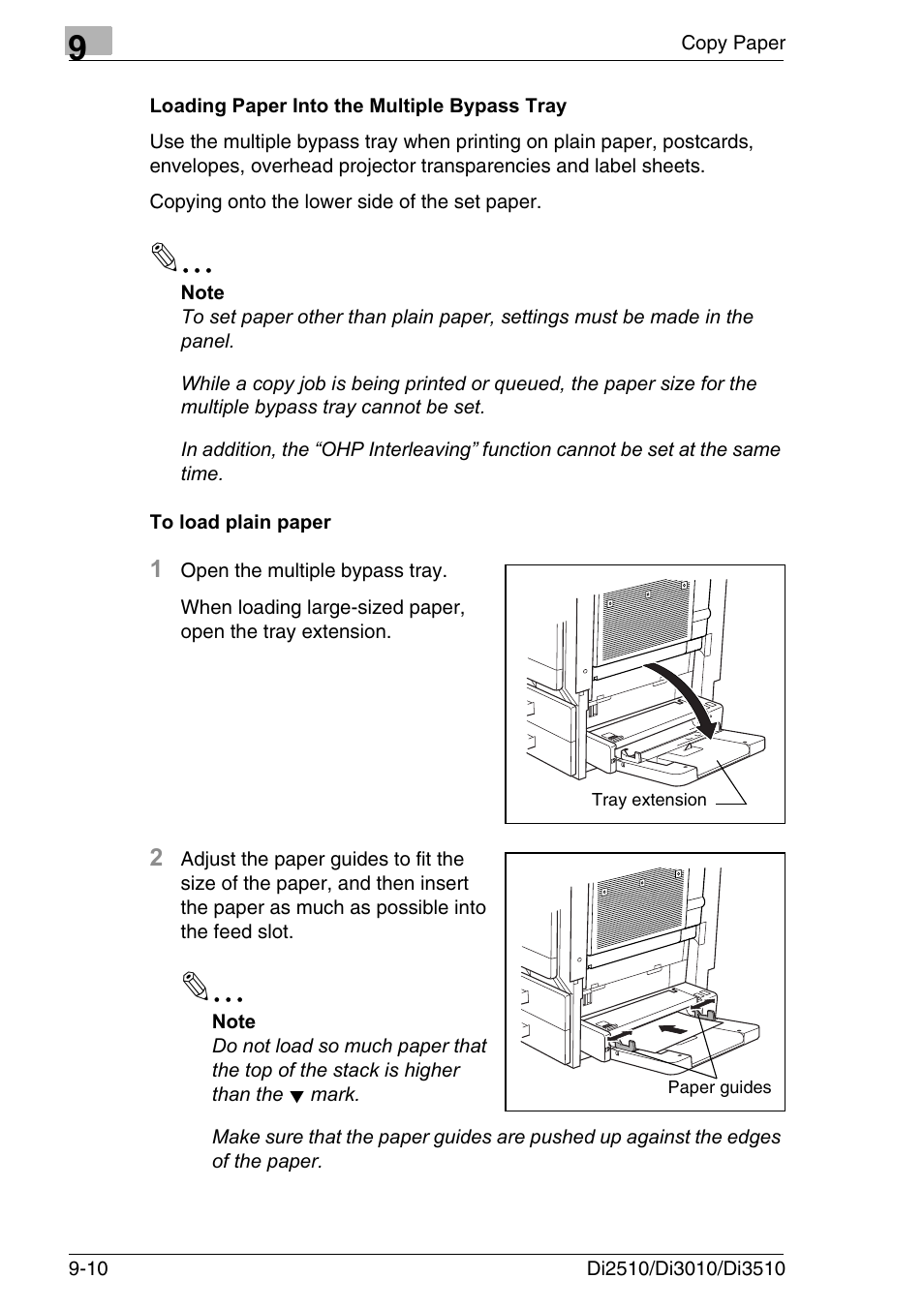 Loading paper into the multiple bypass tray, To load plain paper | Konica Minolta DI3510 User Manual | Page 190 / 334