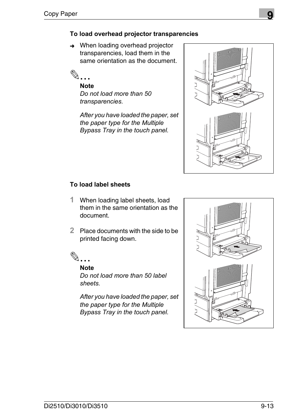 To load overhead projector transparencies, To load label sheets | Konica Minolta DI3510 User Manual | Page 193 / 334