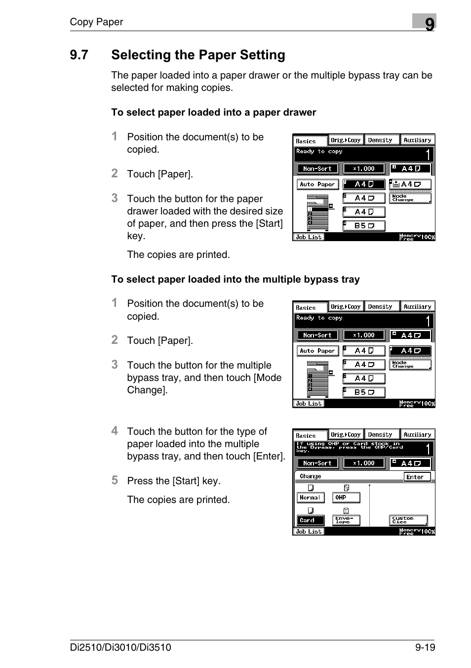 7 selecting the paper setting, To select paper loaded into a paper drawer, Selecting the paper setting -19 | Konica Minolta DI3510 User Manual | Page 199 / 334