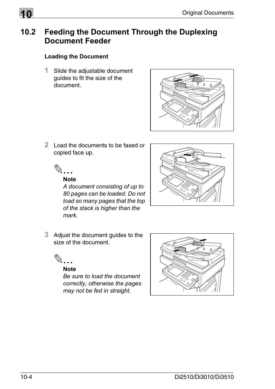 Loading the document, Feeding the document through the, Duplexing document feeder -4 | Loading the document -4 | Konica Minolta DI3510 User Manual | Page 204 / 334