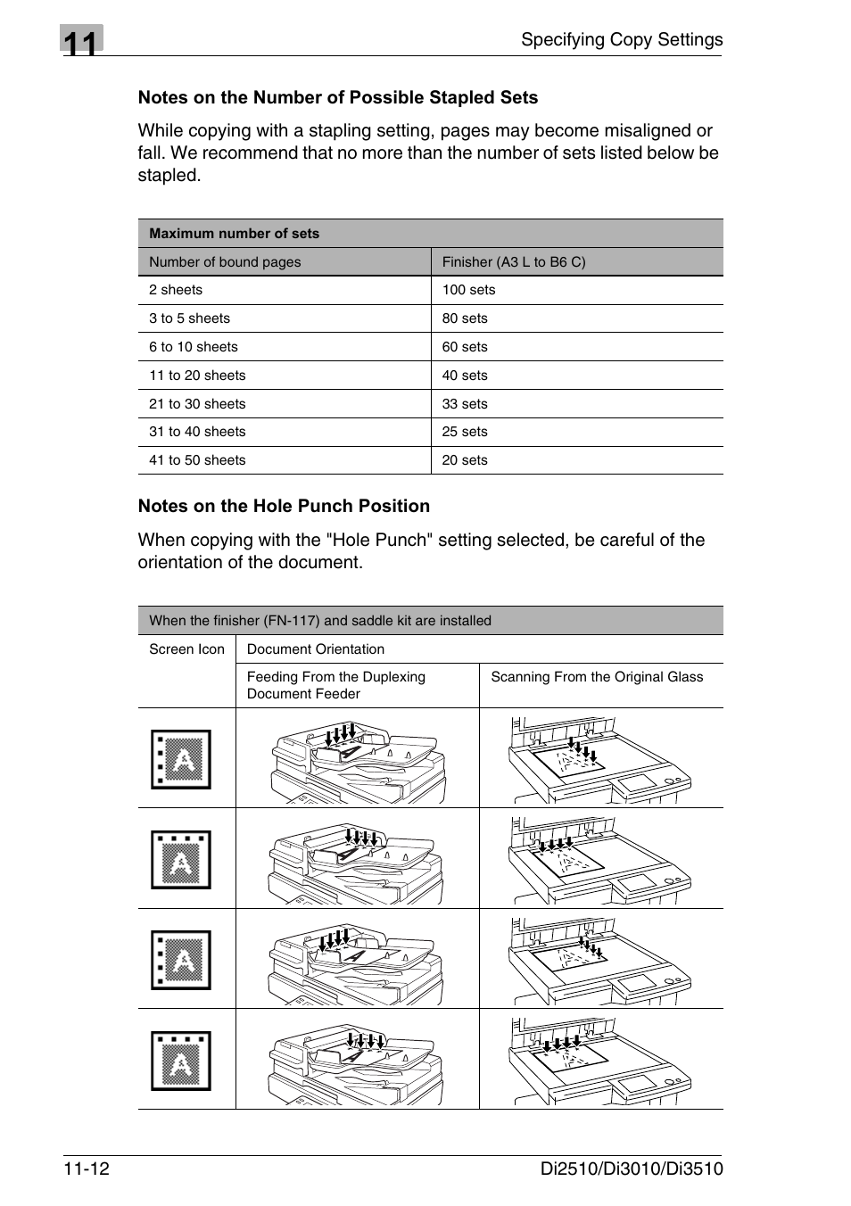 Notes on the number of possible stapled sets, Notes on the hole punch position | Konica Minolta DI3510 User Manual | Page 244 / 334