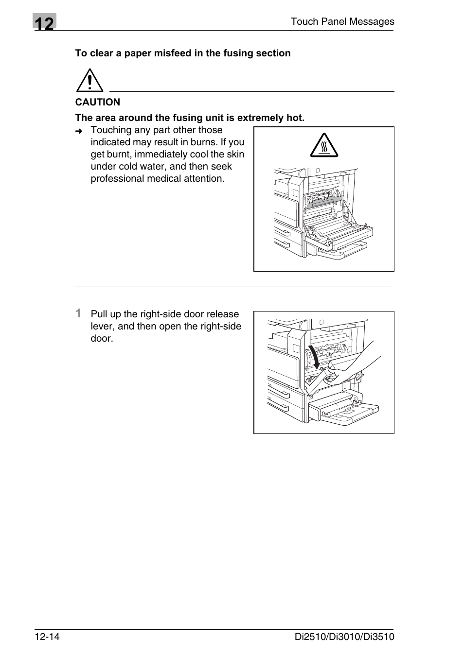 To clear a paper misfeed in the fusing section, To clear a paper misfeed in the fusing section -14 | Konica Minolta DI3510 User Manual | Page 280 / 334
