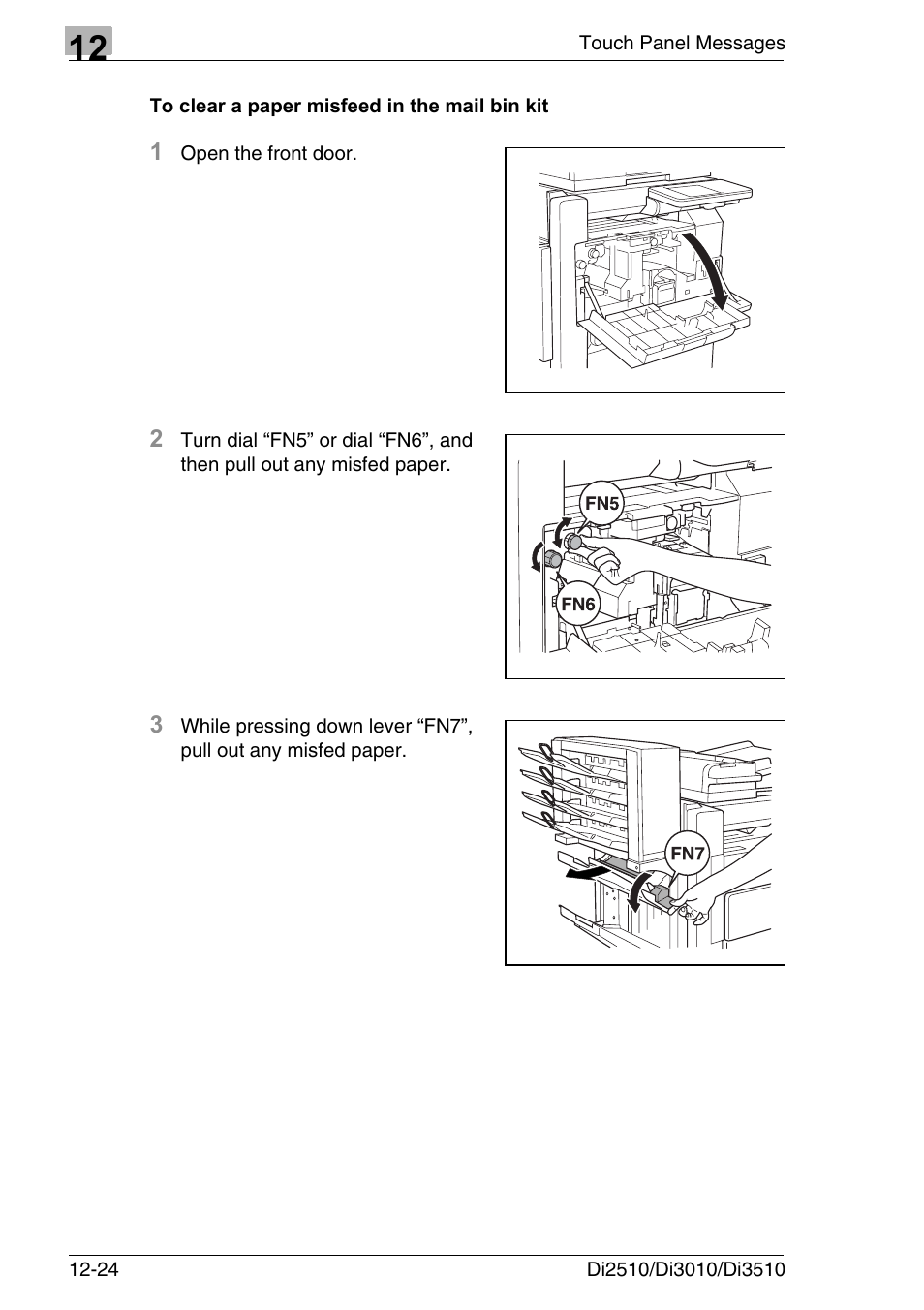To clear a paper misfeed in the mail bin kit, To clear a paper misfeed in the mail bin kit -24 | Konica Minolta DI3510 User Manual | Page 290 / 334