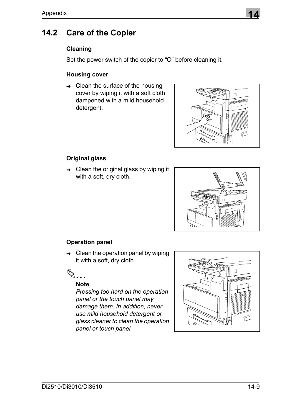 2 care of the copier, Cleaning, Housing cover | Original glass, Operation panel, Care of the copier -9 | Konica Minolta DI3510 User Manual | Page 313 / 334
