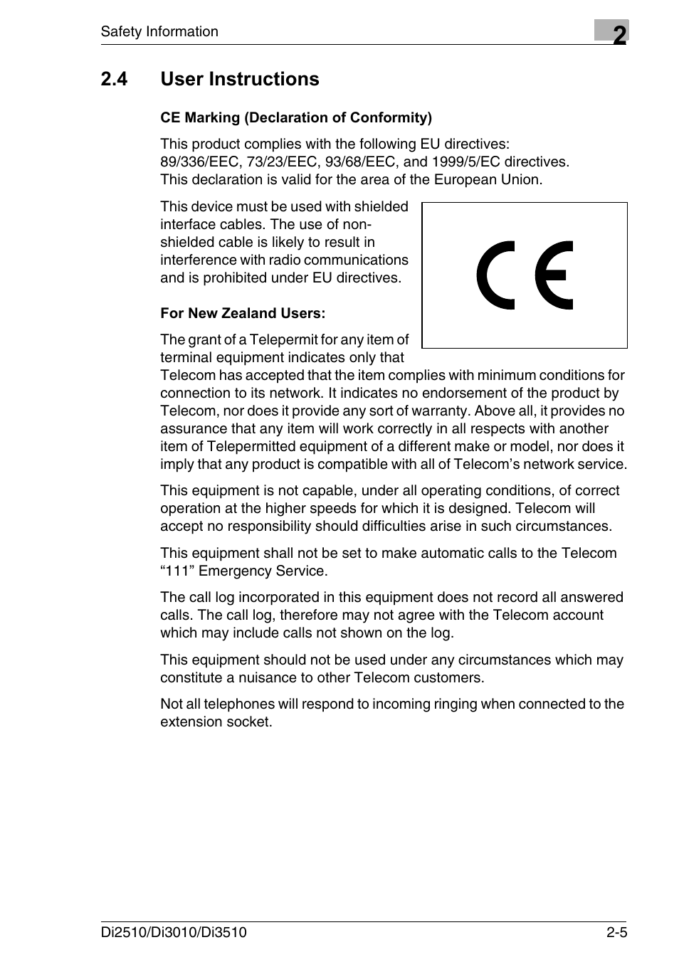 4 user instructions, Ce marking (declaration of conformity), For new zealand users | User instructions -5 | Konica Minolta DI3510 User Manual | Page 33 / 334