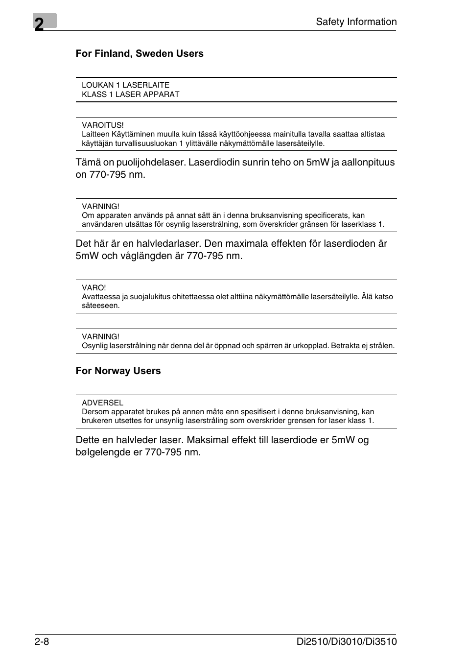 For finland, sweden users, For norway users, For finland, sweden users -8 for norway users -8 | Konica Minolta DI3510 User Manual | Page 36 / 334