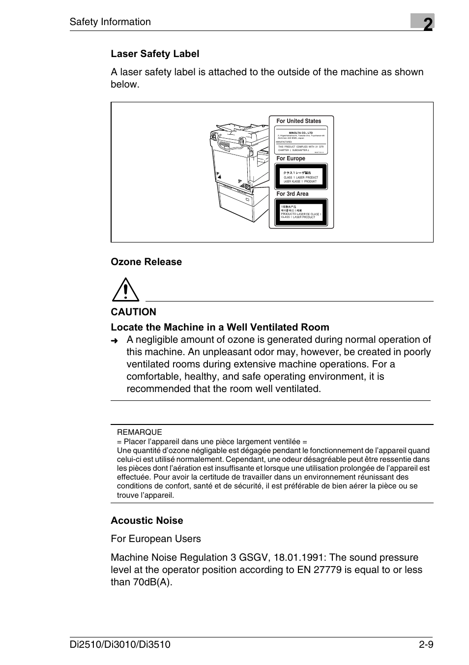Laser safety label, Ozone release, Acoustic noise | Safety information | Konica Minolta DI3510 User Manual | Page 37 / 334