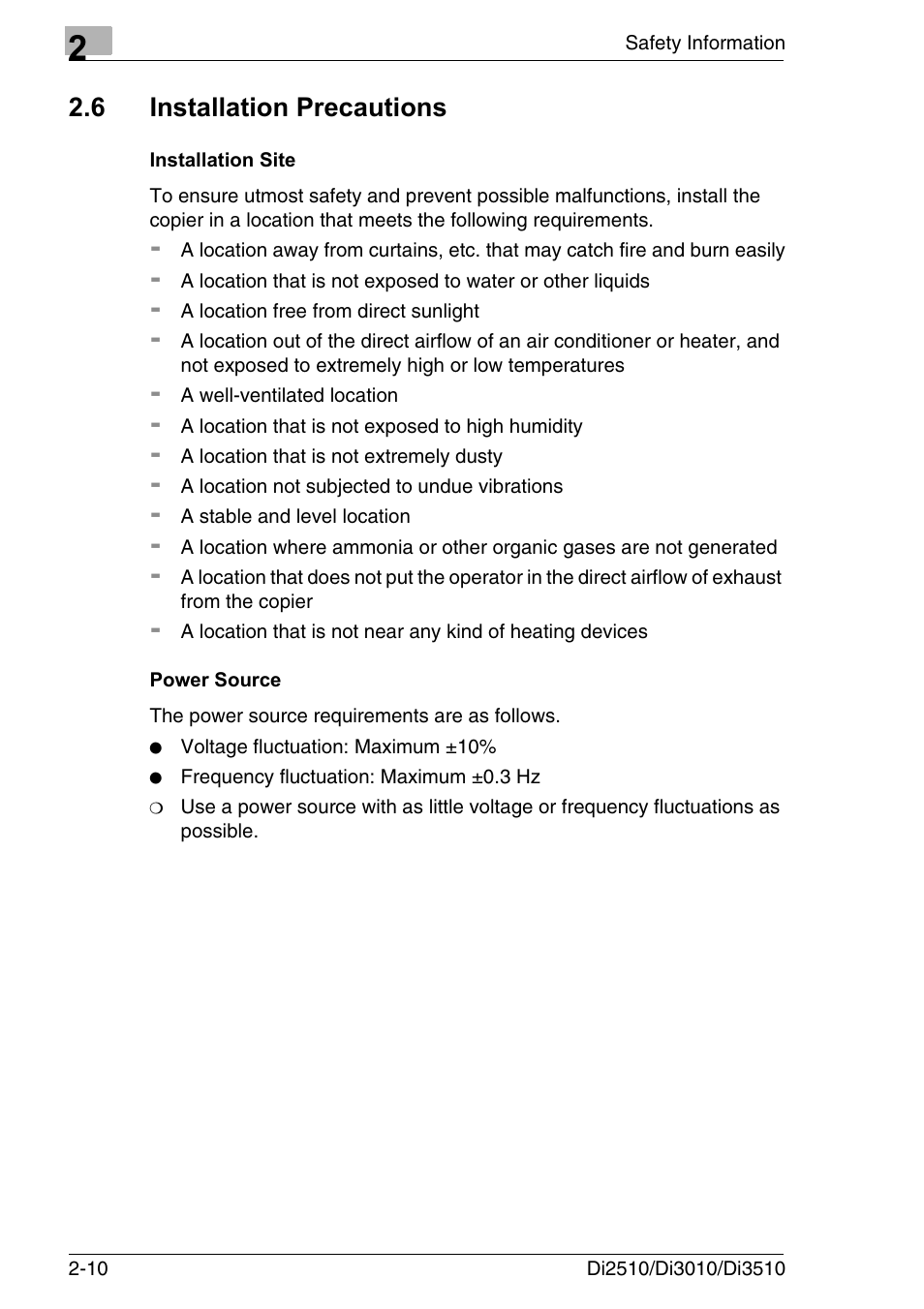 6 installation precautions, Installation site, Power source | Installation precautions -10, Installation site -10 power source -10 | Konica Minolta DI3510 User Manual | Page 38 / 334