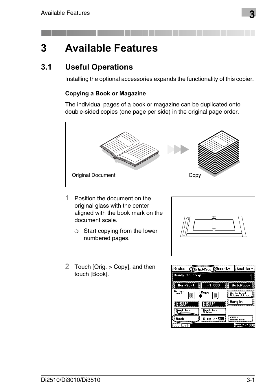 3 available features, 1 useful operations, Copying a book or magazine | Copying a book or magazine -1, 3available features | Konica Minolta DI3510 User Manual | Page 45 / 334
