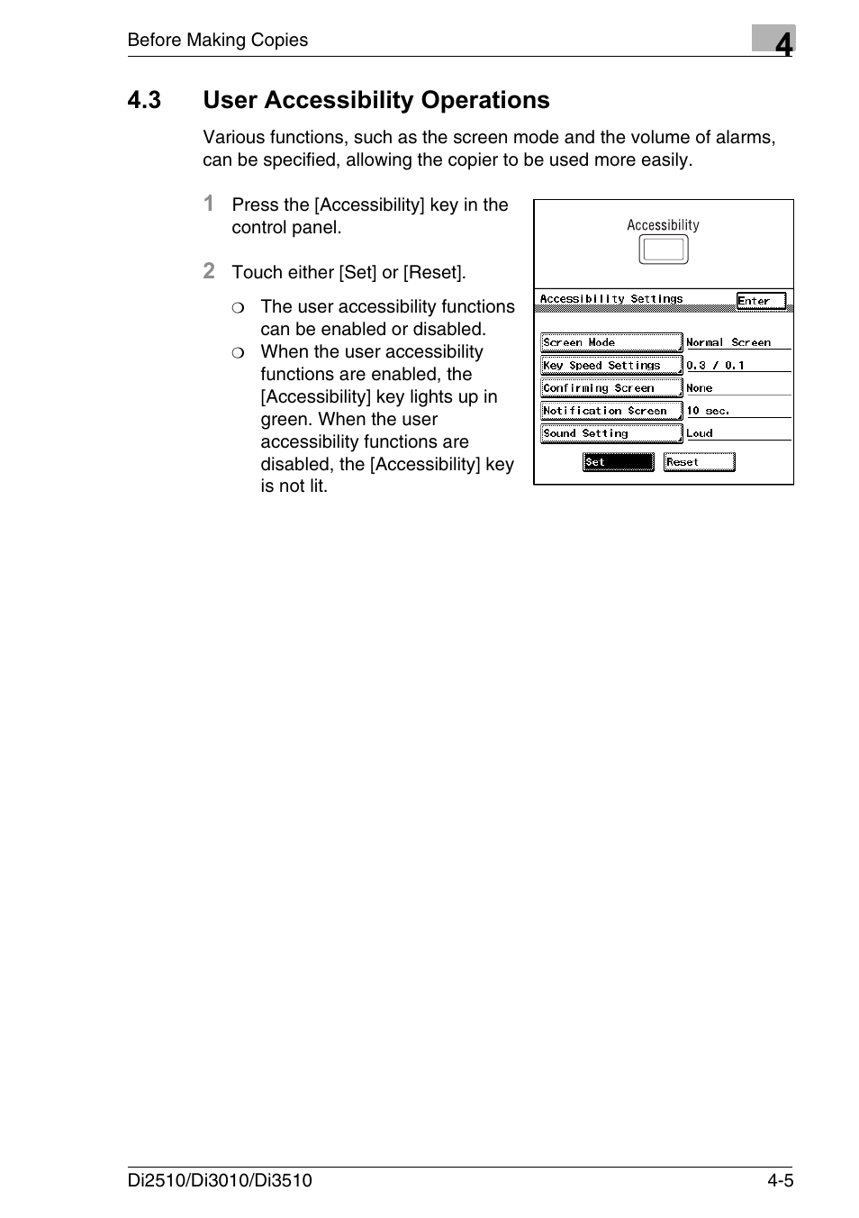 3 user accessibility operations, User accessibility operations -5 | Konica Minolta DI3510 User Manual | Page 69 / 334