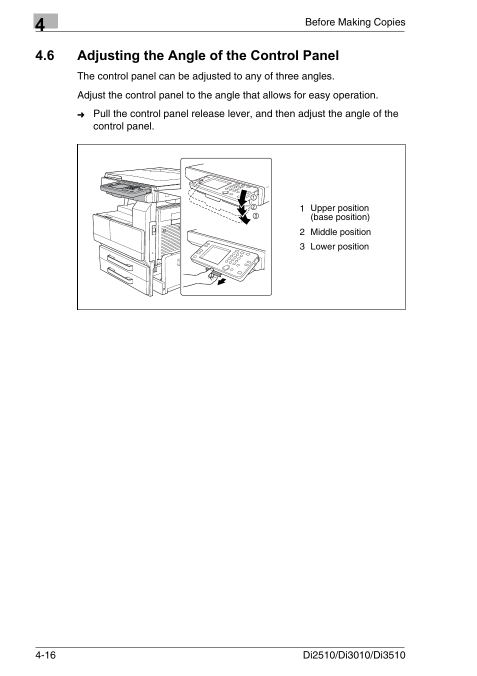 6 adjusting the angle of the control panel, Adjusting the angle of the control panel -16 | Konica Minolta DI3510 User Manual | Page 80 / 334