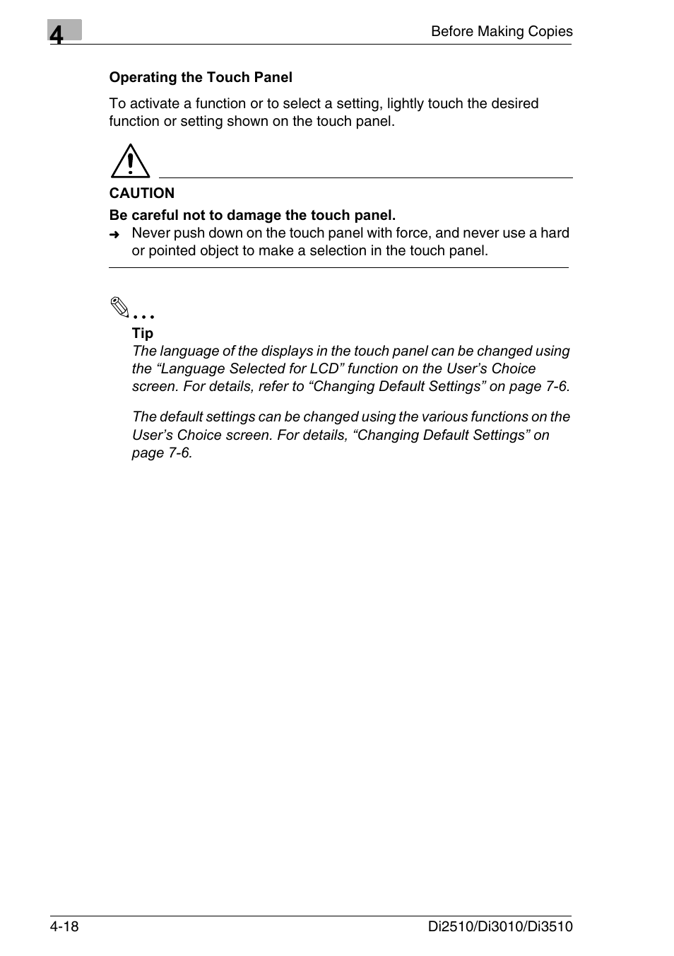 Operating the touch panel, Operating the touch panel -18 | Konica Minolta DI3510 User Manual | Page 82 / 334