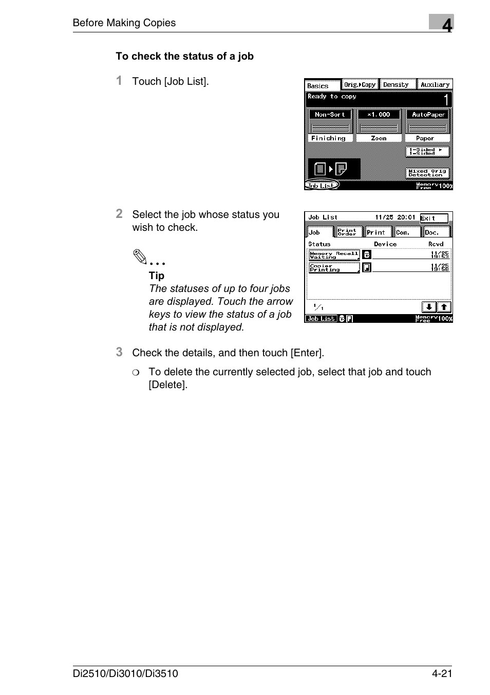 To check the status of a job, To check the status of a job -21 | Konica Minolta DI3510 User Manual | Page 85 / 334
