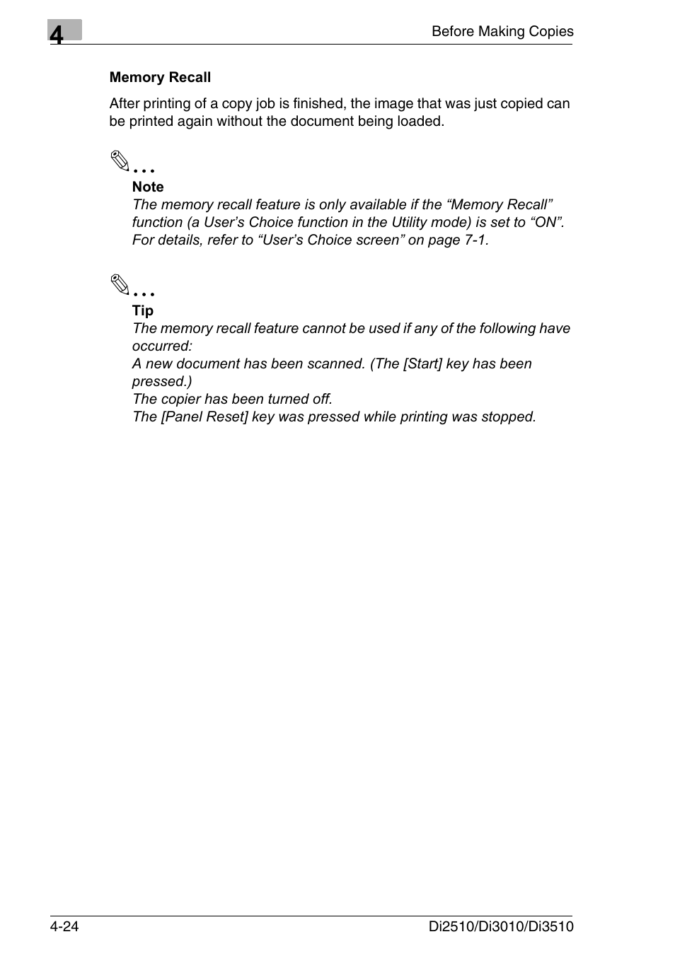 Memory recall, Memory recall -24 | Konica Minolta DI3510 User Manual | Page 88 / 334