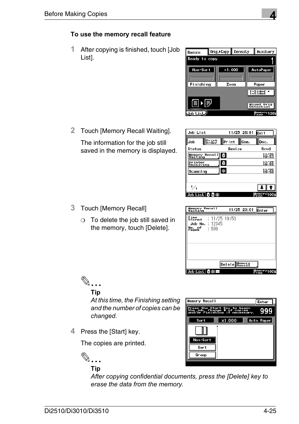 To use the memory recall feature, To use the memory recall feature -25 | Konica Minolta DI3510 User Manual | Page 89 / 334
